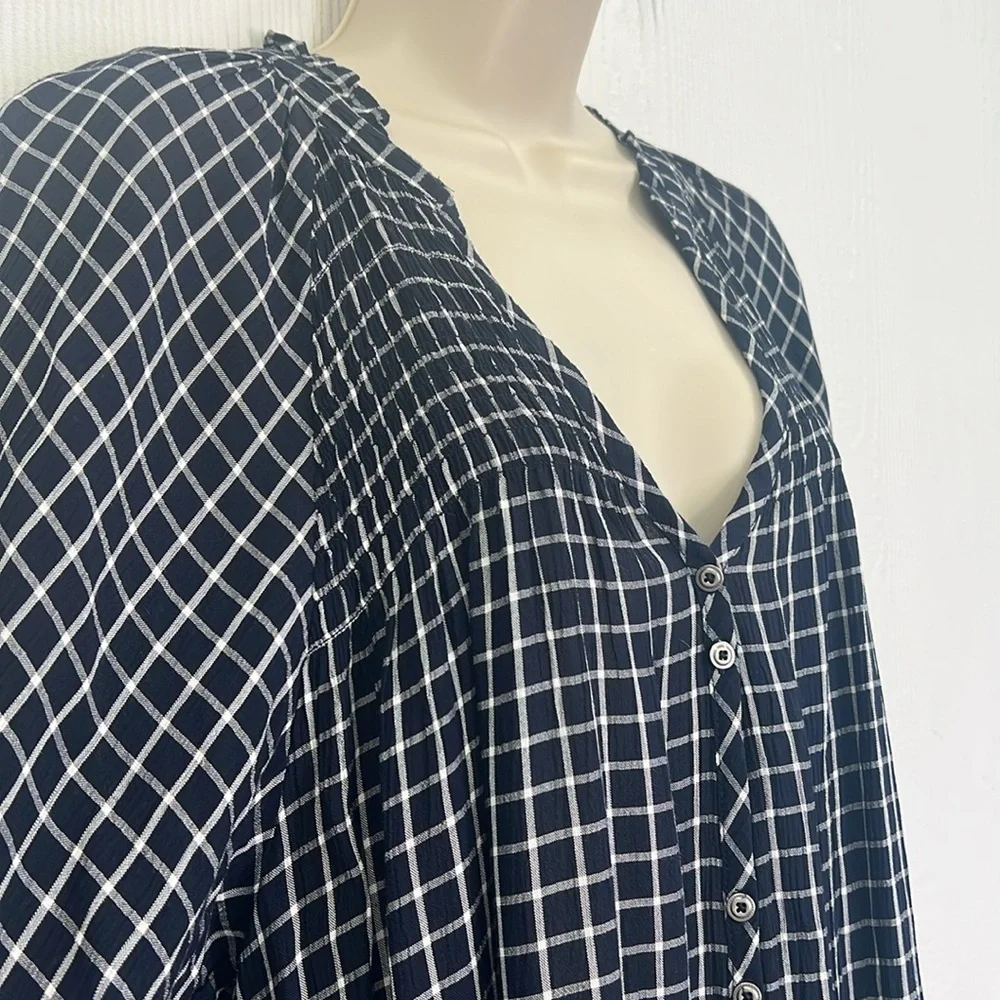 Anthropologie - Maeve Sara Navy Blue Windowpane Plaid Midi Dress Size Medium - Picture 6 of 15